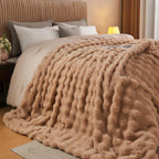 Lotus Karen Faux Fur Throw Blanket Khaki - Big Bubble Rabbit Fluff Blanket for Couch, Small Fluffy Fuzzy Cozy Blanket, Thick Furry Plush Shaggy Blankets, 50x60 Inches