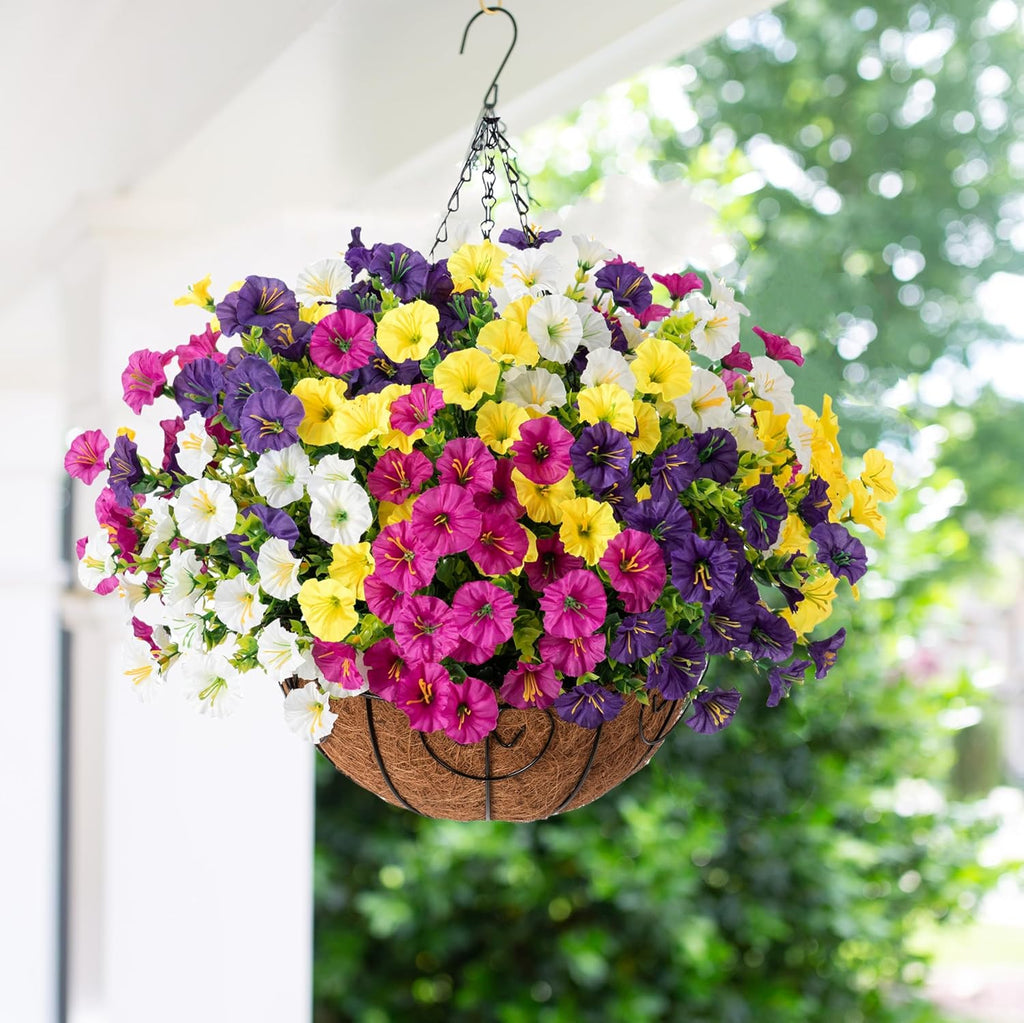 Artificial Faux Hanging Plants Flowers Basket for Spring Summer Outdoors Decoration, Fake Silk Colorful Morning Glory with Eucalyptus Look Real UV Resistant for Outside Porch Patio Balcony Garden Home