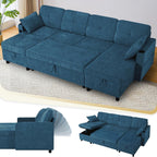 110 Inches Chenille Sectional Sofa w/Pull Out Sofa Bed & Adjustable Back, Tufted U Shaped Couch w/Two Storage Chaises, Sleeper Sectional Sofa w/USB Port & Cup Holders for Living Room, Blue
