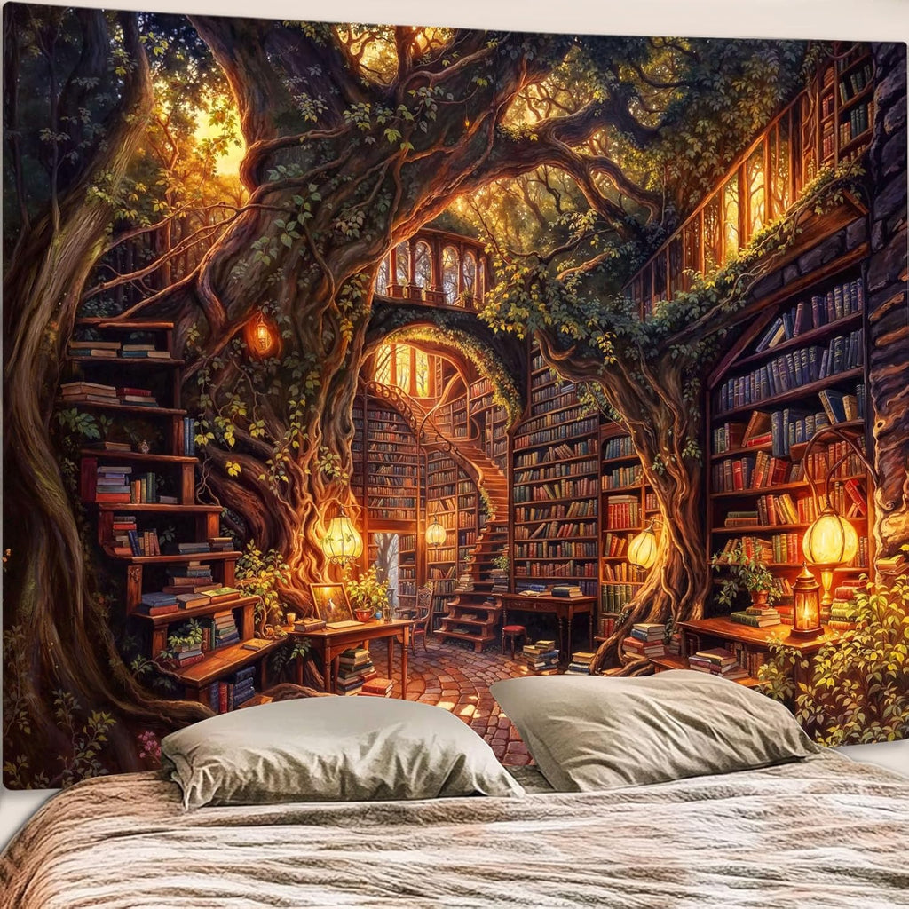 Accnicc Forest Library Tapestry Tree Bookshelf Tapestries Wall Hanging Vintage Fantasy Fairy Treehouse Book Extra Large Tapestry for Bedroom Living Room Dorm Classroom 90 x 68 inch