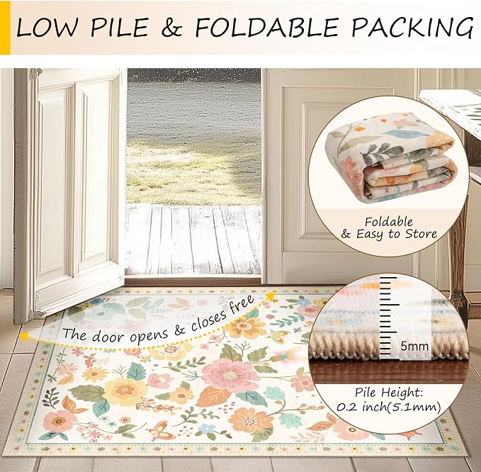 Floral Washable 2x10 Area Rugs Runner Entryway Hallway Beige/White/Orange | - Image 4
