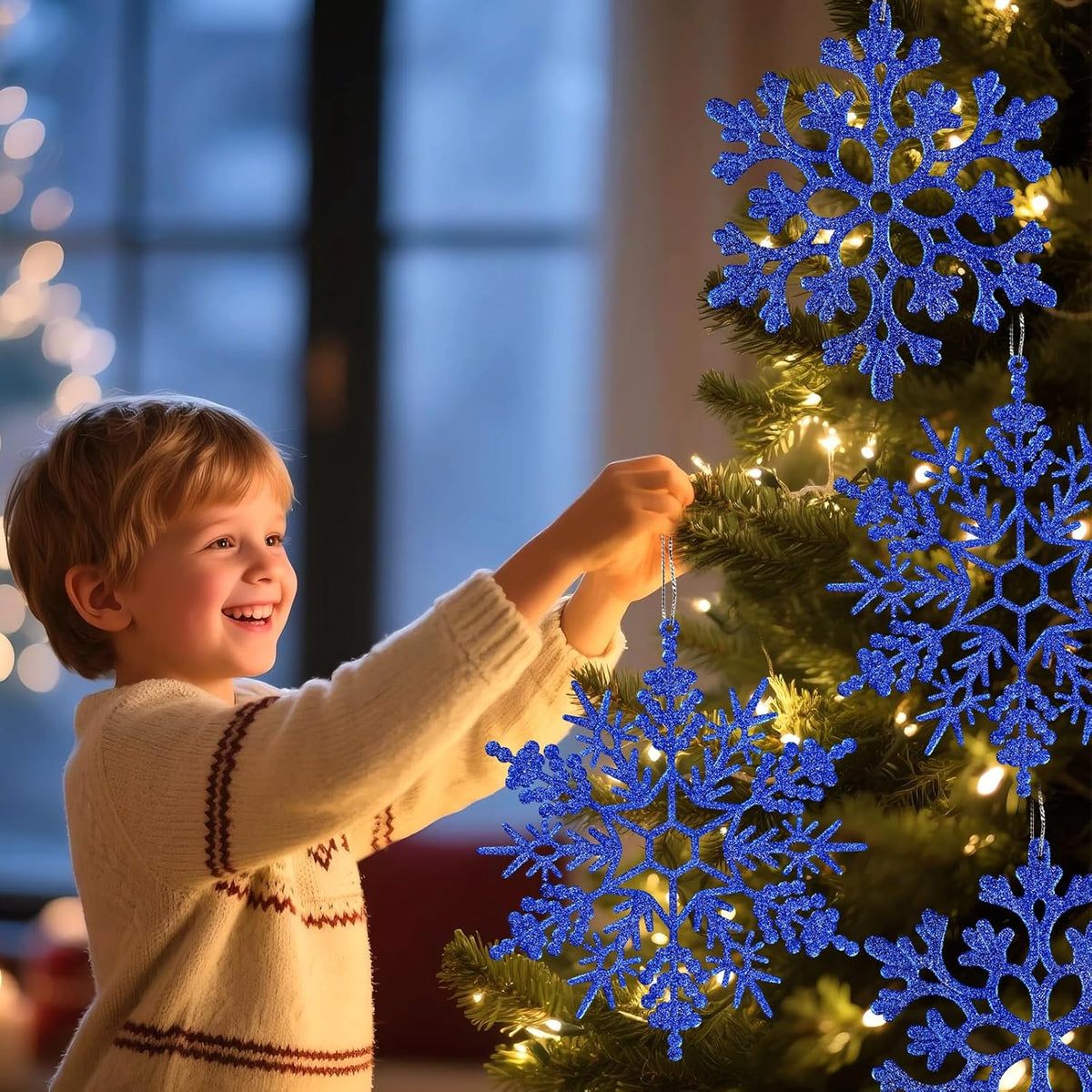 6pcs Large Navy Blue Snowflakes Ornaments 12" Big Plastic Glitter Snowflake for Winter Indoor Outdoor Christmas Tree Window Room Decorations Giant Craft Snowflakes