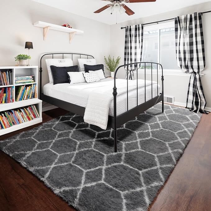7x9 Area Rugs for Living Room Bedroom, Fluffy Grey and White Geometric Rug | - Image 6