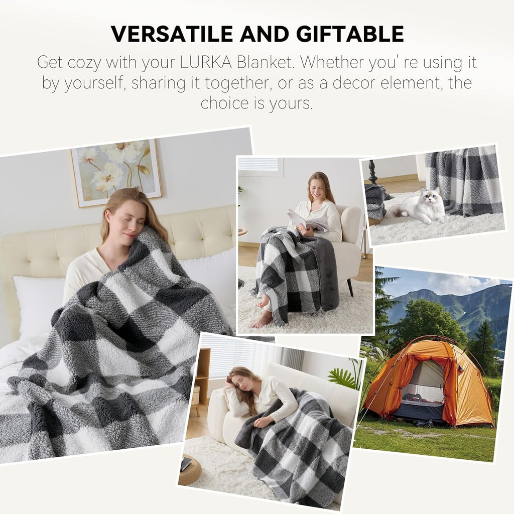 LURKA Checkered Sherpa Fleece Queen-Size Bed Blanket - Extra Thick and Warm Winter Soft Fuzzy Plush Blanket for Couches, Beds & Pets, Smoke Grey, 90x90 Inches