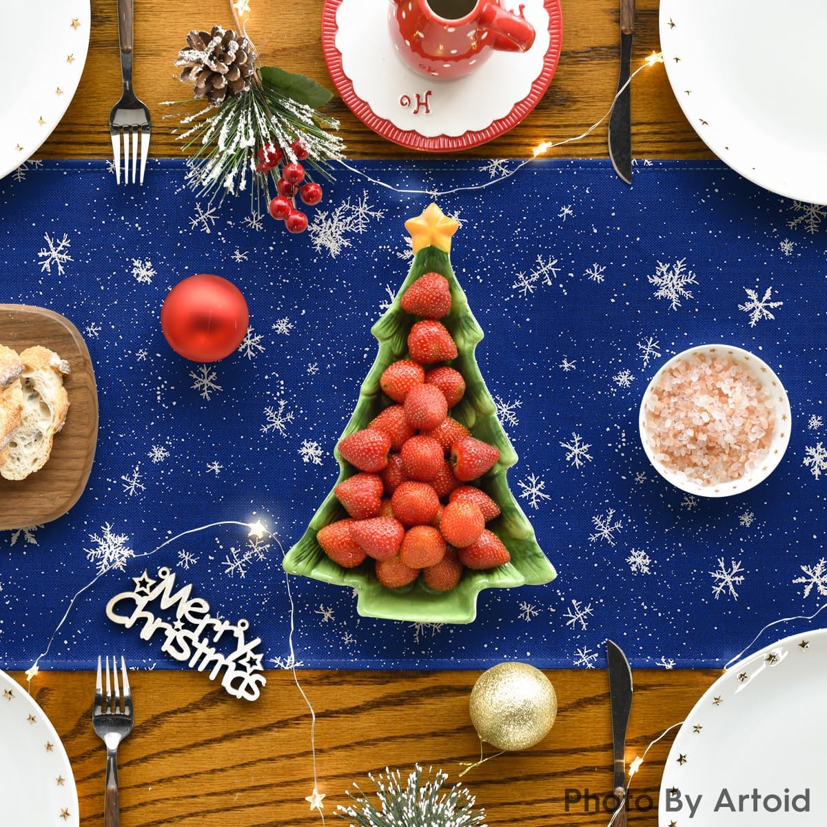 Artoid Mode Snowman Birds Trees Christmas Table Runner, Seasonal Blue Winter Holiday Kitchen Dining Table Decoration for Home Party Decor 13 x 60 Inch