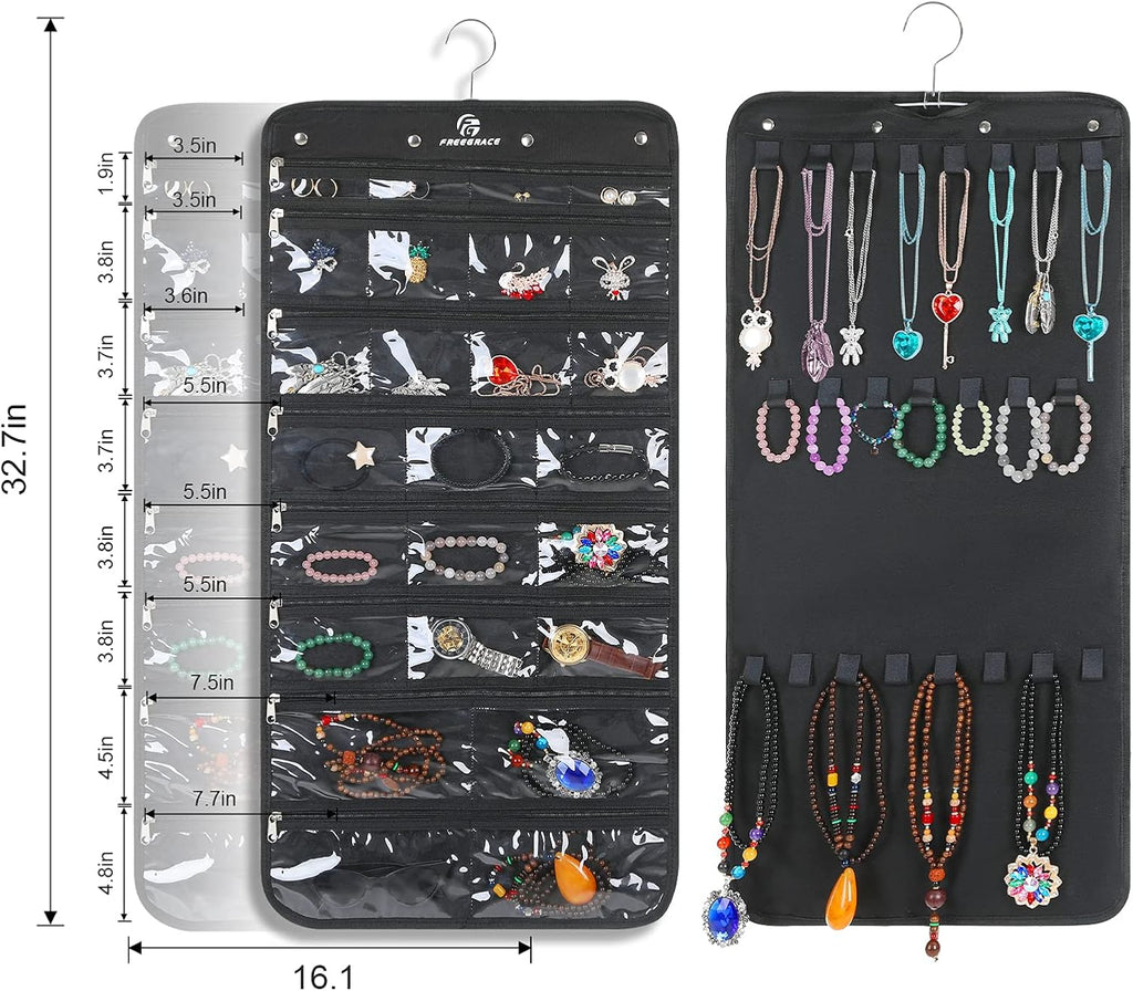 Freegrace Hanging Jewelry Organizer Revolving Hanger - Secure Zipper Closure - 25 Pockets,23 Hooks - Foldable Storage & Display Solution - for All Jewelry & Bijoux (Black)