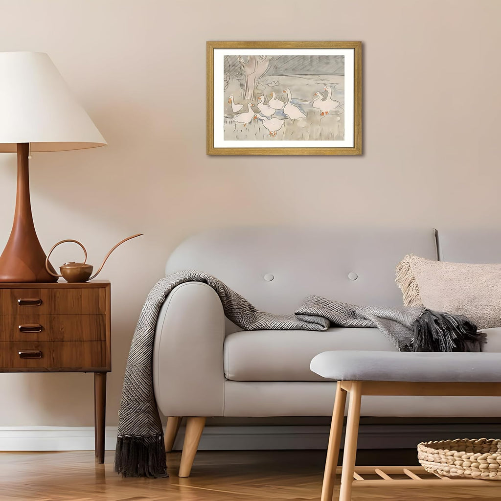 Vintage Framed Goose Wall Art Watercolor Print, Rustic Farm Duck Decor Canvas Painting, Minimalist Pastoral Poster Picture, Country Cottage Wall Decor for Living Room Kitchen Bathroom Bedroom 16x24 in
