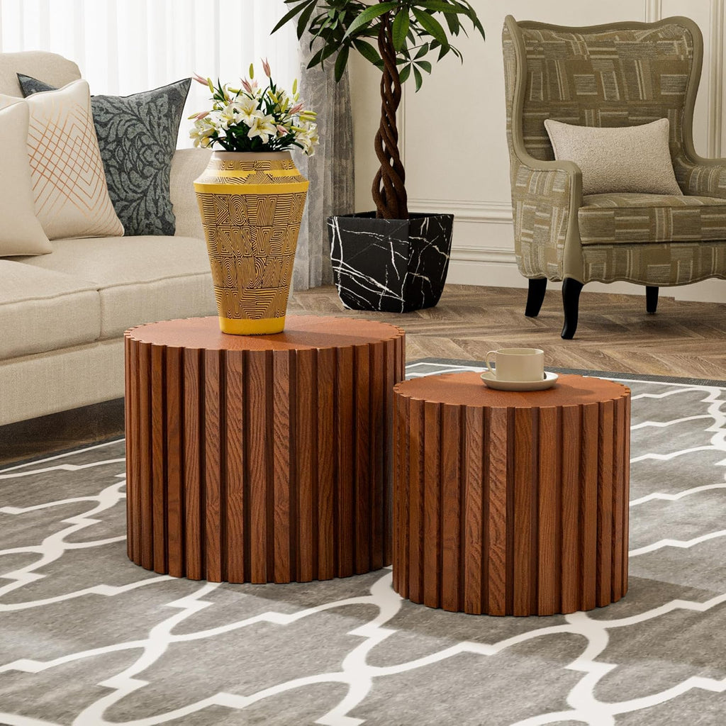 WXFKLDJ Round Nesting Coffee Table Set Cylindrical Wooden Coffee Table Sofa Center Table Circle Embossed Design Side Table for Living Room Apartment No Assembly (Striped Brown Small)