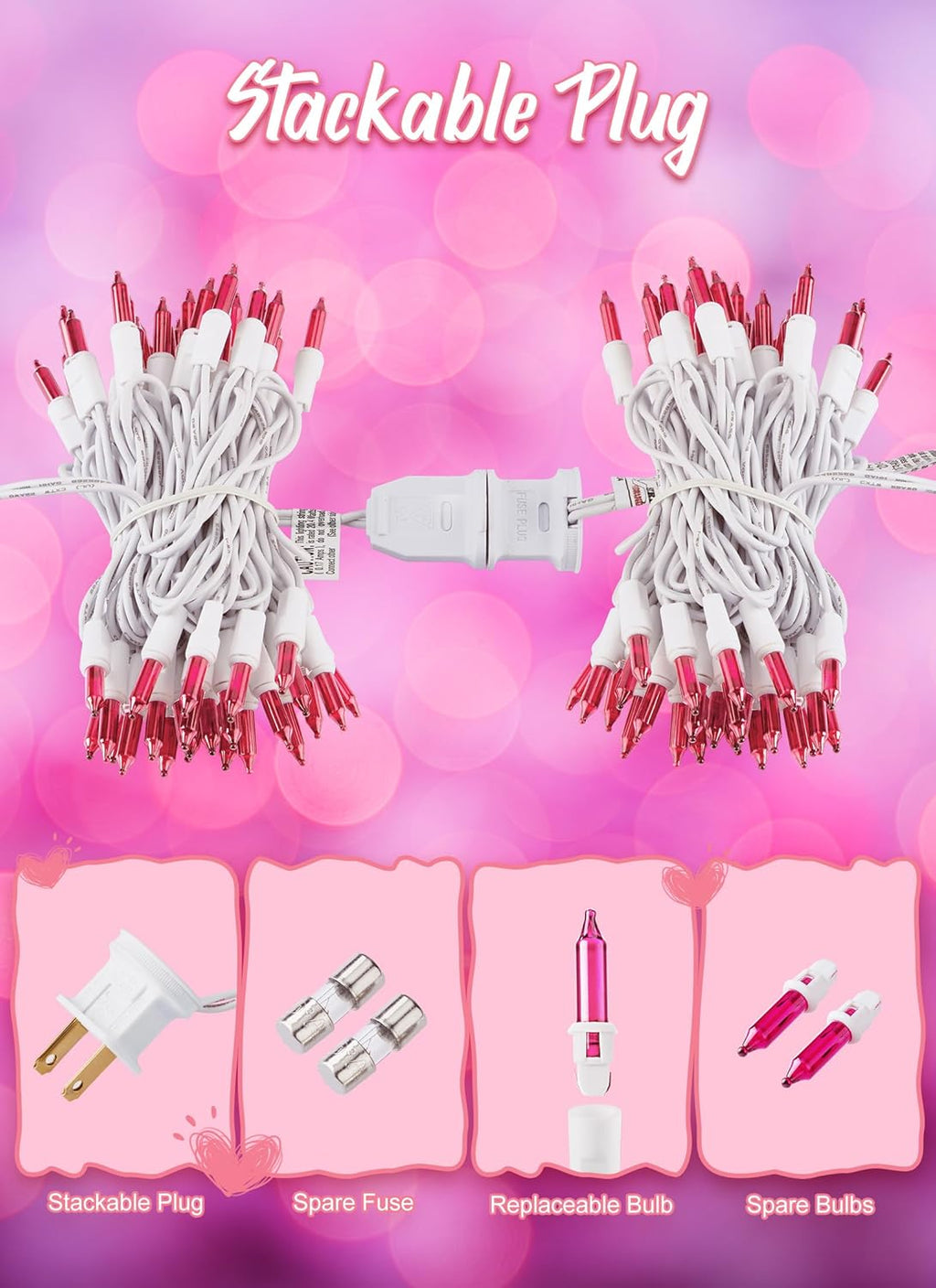 Pink Christmas String Lights, 50 Count 12 Feet Incandescent Bulb Mini Valentine's Lights, Waterproof Pink Lights for Indoor Valentine's Day Garland Wedding Party Festival Xmas Tree Decoration