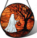Stained Glass Window Hanging - Halloween Ghost Holding A Pumpkin Lantern Suncatcher for Door Garden Spooky Tree Sun Catchers Gothic Decorations Horror Gifts for Women Men Friend 11.8 in