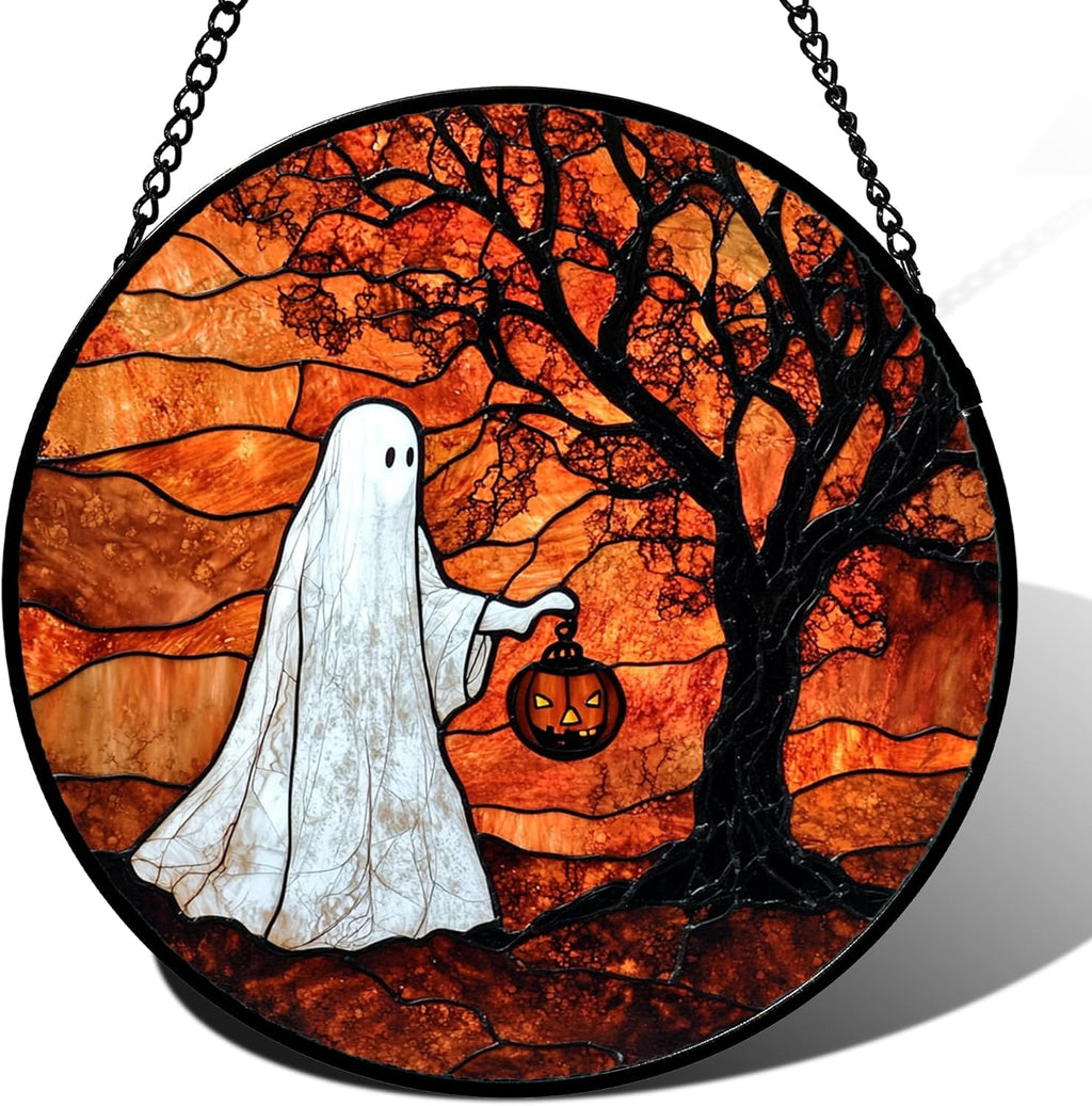 Stained Glass Window Hanging - Halloween Ghost Holding A Pumpkin Lantern Suncatcher for Door Garden Spooky Tree Sun Catchers Gothic Decorations Horror Gifts for Women Men Friend 15 in