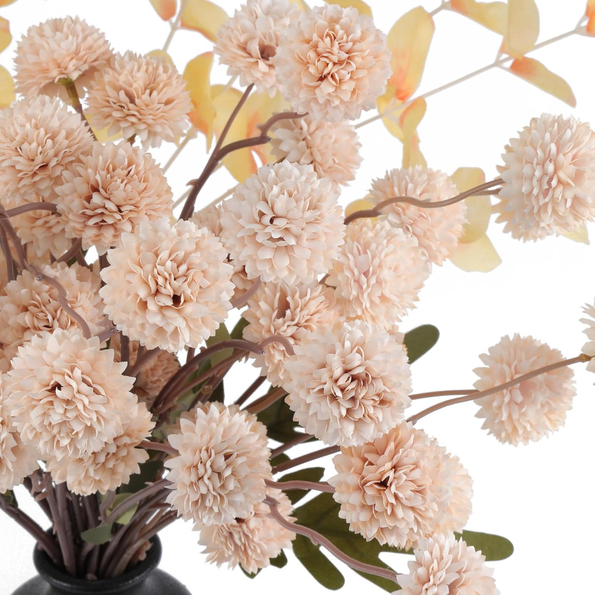 Faux Beige Kiku Flowers 10 Stems & 2 Eucalyptus, Fake Mums Pompon Flower Ball, Autumn Artificial Chrysanthemums Flowers for Boho Bedroom Decor, Silk Mini Faux Kiku Flower Wedding Arrangements Decor