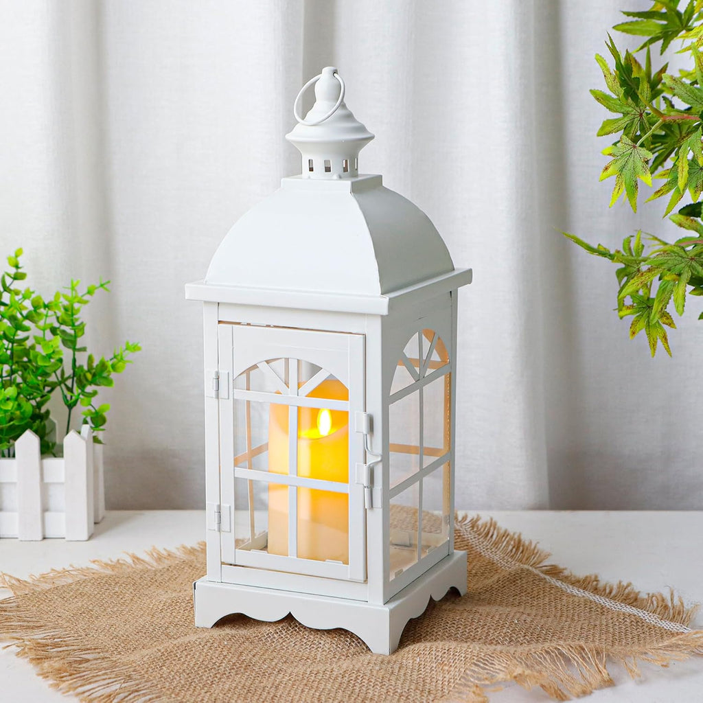 TRIROCKS Decorative Vintage Candle Lanterns 14.5" H Farmhouse Outdoor Hanging Lanterns with Tempered Glass for Porch, Balcony, Patio, Home, Centerpieces, Indoor, Outdoor(White)