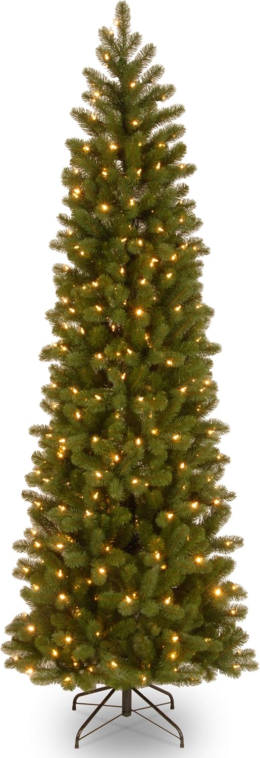 National Tree Company Pre-Lit 'Feel Real' Artificial Slim Downswept Christmas Tree, Green, Douglas Fir, White Lights, Includes Stand, 7.5 feet