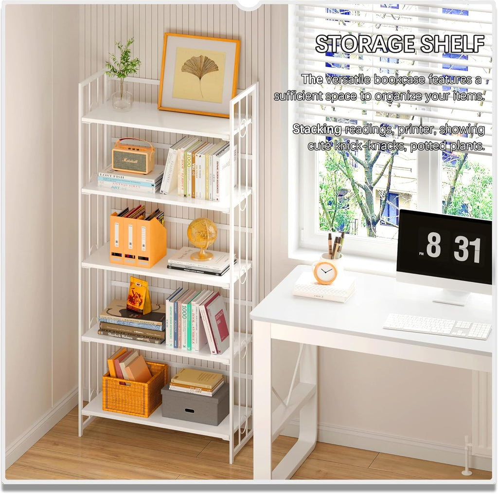 4NM No Assembly 5 Tiers Folding Bookshelf, 59.4" H Foldable Storage Shelves Vintage Bookcase Standing Racks Study Organizer Home Office - All White