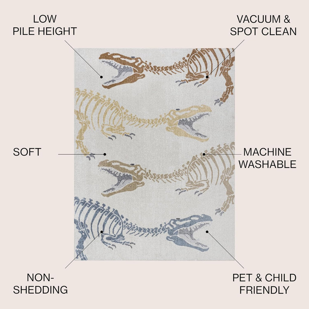 JONATHAN Y Machine-Washable Cream/Multi Indoor Area Rug, 8x10, Kingdarr T-Rex Modern, Casual, Kids & Novelty for Living Room, Dining Room, Bedroom, Kitchen Easy-Cleaning, Non-Shedding (KDW103A-8)