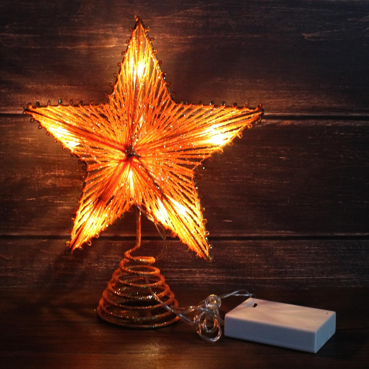 CVHOMEDECO. Orange Glittered 3D Tree Top Star with Warm White LED Lights and Timer for Christmas Tree Topper Decoration and Holiday Seasonal Décor, 8 x 10 Inch