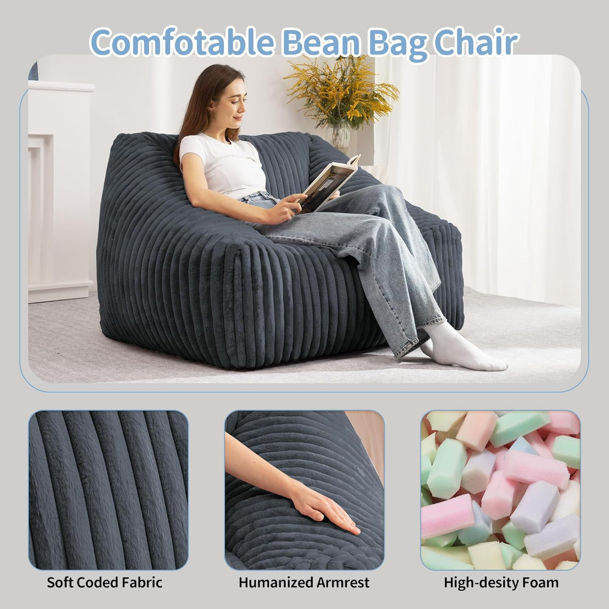 HABUTWAY Bean Bag Chair, Giant Bean Bag Chairs for Adults and Kids, Bean Bag Sofa, Lazy Floor Sofa, Faux Fur Beanbag Chair with Armrests for Living Room Bedroom (Dark Grey)