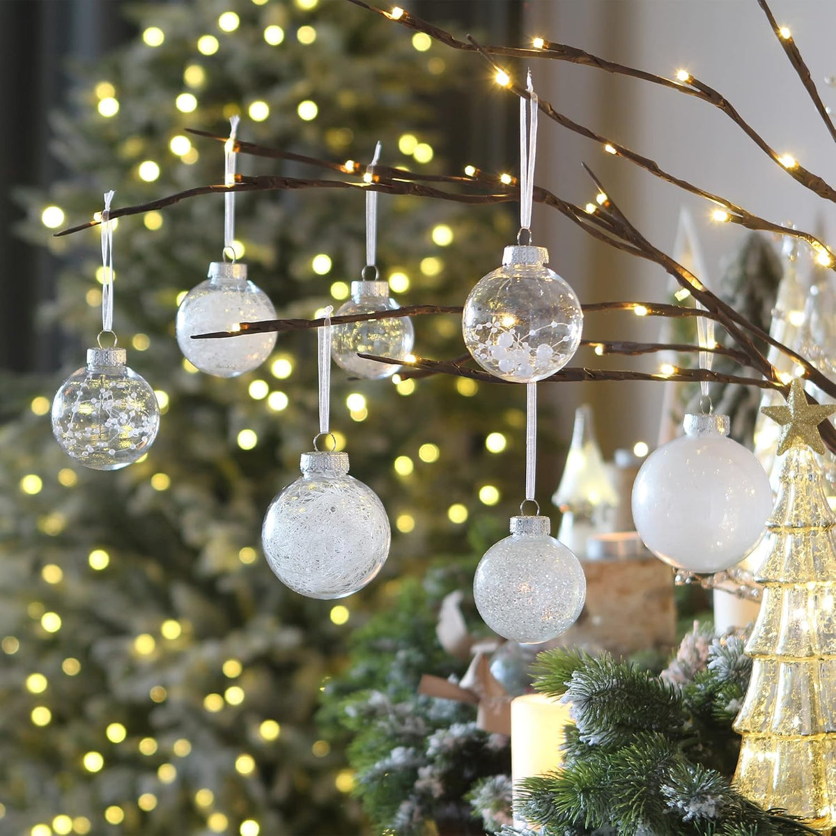 Sea Team Shatterproof Clear Plastic Christmas Ball Ornaments Decorative Xmas Balls Baubles Set with Stuffed Delicate Decorations (100mm/3.94''/16-Pack, White)