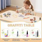 Kids Study Table and Chairs Set, Height Adjustable Toddler Table and Chair Set for Kids Ages 3-8, Graffiti Desktop (Wooden Brown)