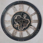 DORBOKER 24" Large Wall Clock with Moving Gears,Oversize Vintage Industrial Rustic Farmhouse Clocks for Living Room Decor Office Home,Solid Wood HD Tempered Glass Cover,Vintage Black