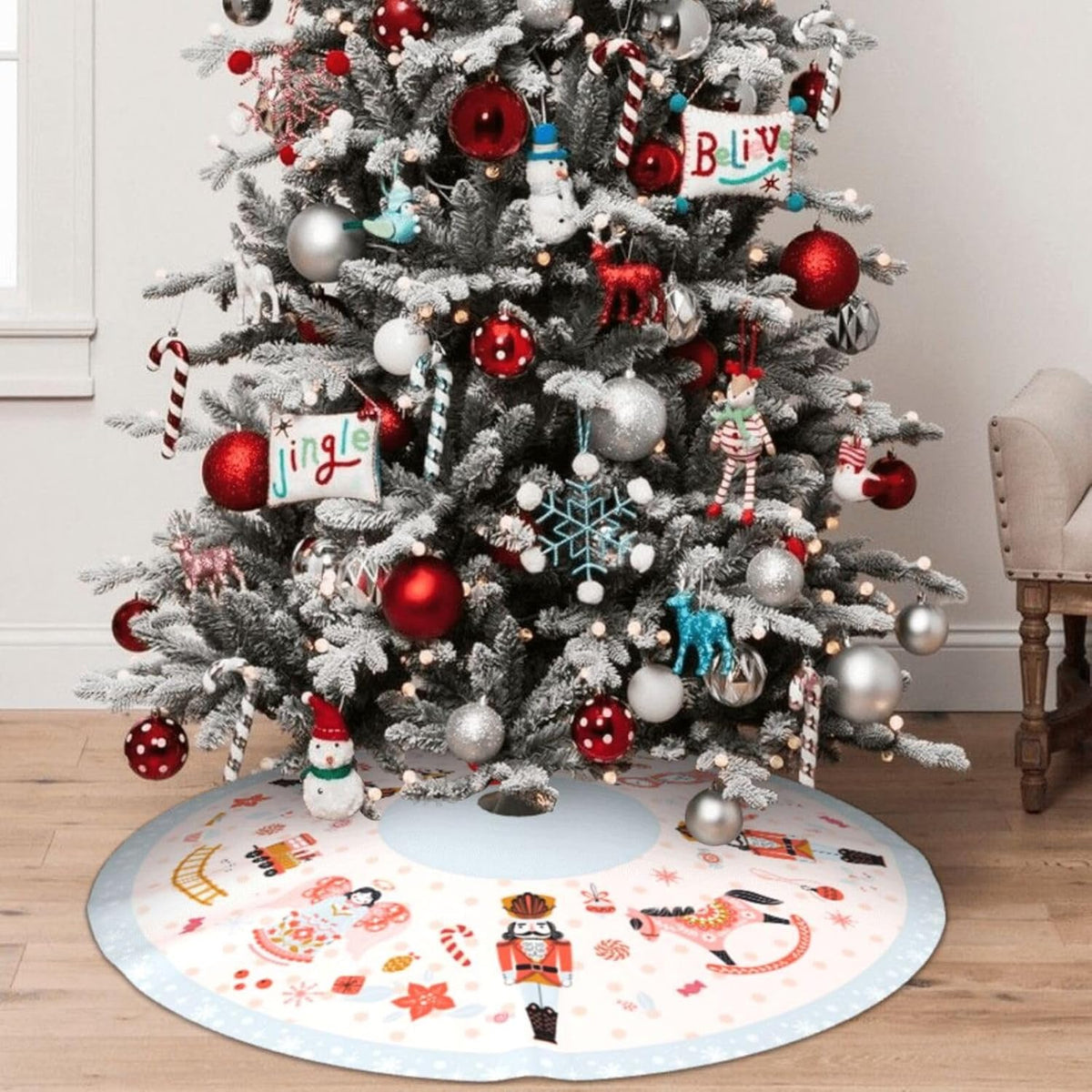 48" Large Christmas Tree Skirt, Nutcracker Candy Pattern Tree Mat Base Cover for Xmas Festive Holiday Party Decoration Ornaments