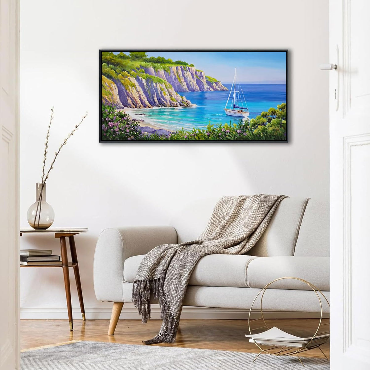 QZQCBLC Coastal Batnroom Wall Art - Blue Sea Sailing Boat Canvas Pictures Purple Flower Mountains Ocean Landscape Paintings Artwork for Living room Bedroom Office Framed Navigation Decor 20"X40"
