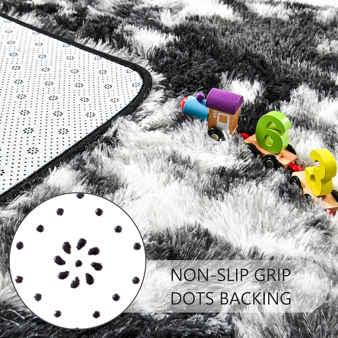 6x9 Large Tie-Dyed Black and White Fluffy Area Rug Non-Slip - Image 6