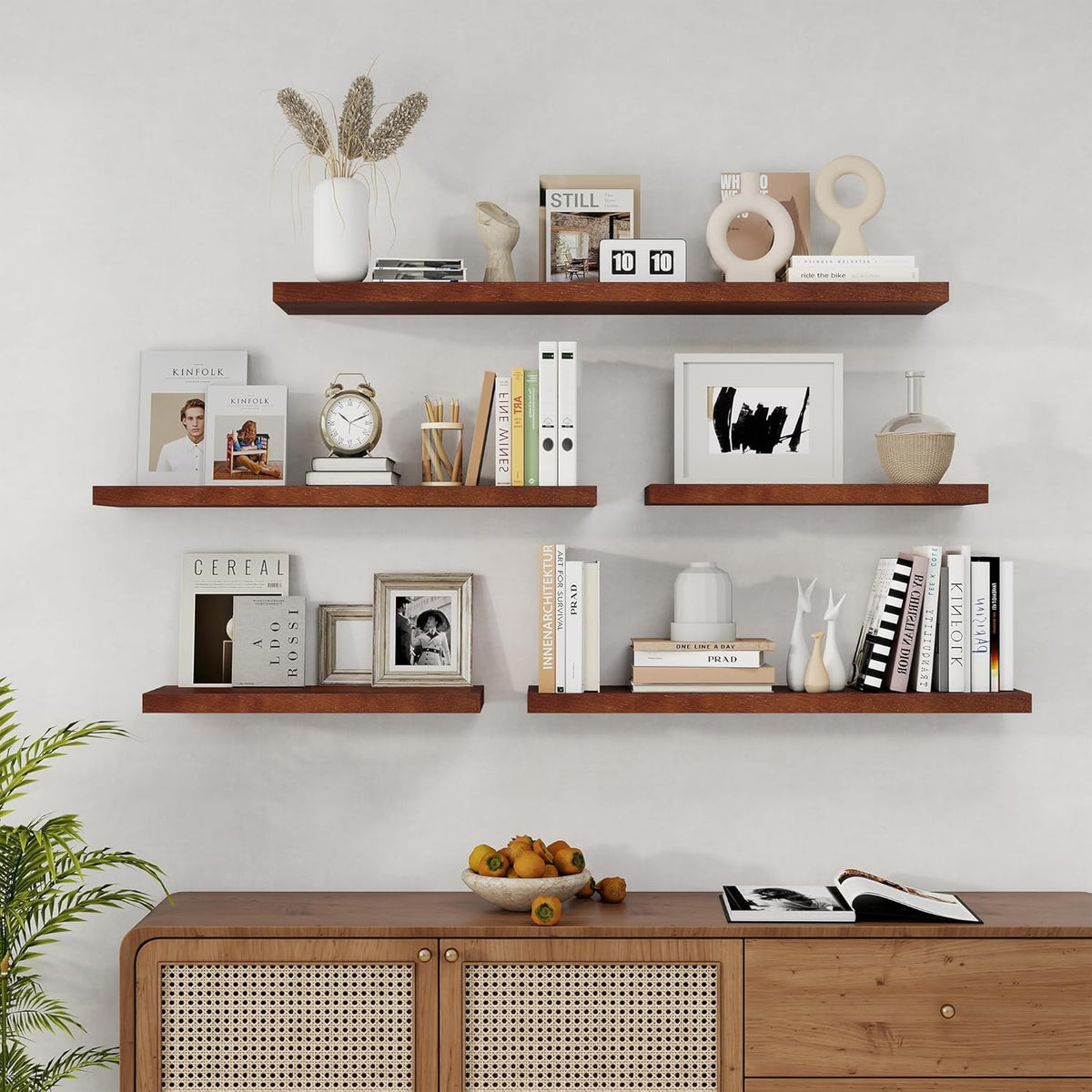 Fun Memories Solid Oak Wood Floating Shelves, 9.3 Inch Deep Natural Wood Shelf with Invisible Heavy Duty Bracket for Bathroom Bedroom Kitchen - 36inch Set of 2, Walnut