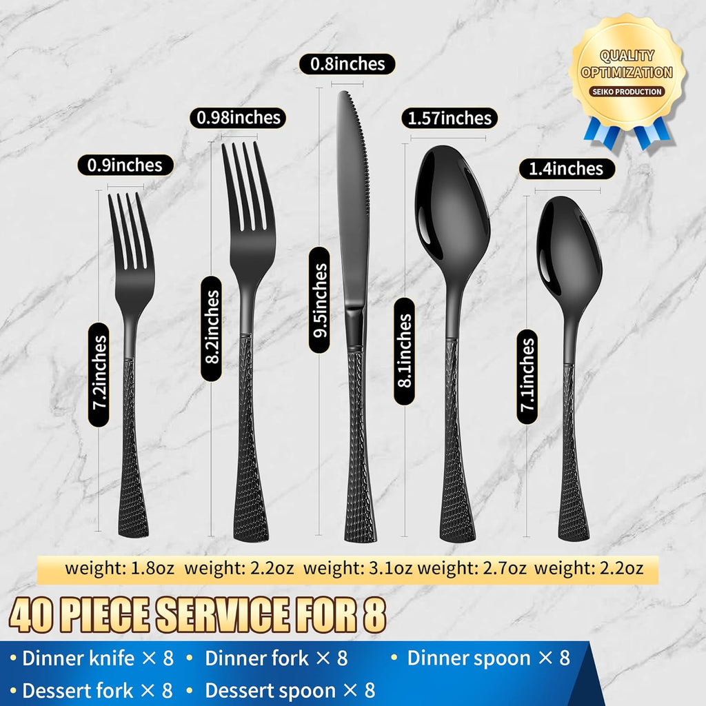 Hammered Black Silverware Set for 8,Stainless Steel 40-Piece Modern Cutlery Set,Mirror Polished Heavy Duty Flatware Set Utensil Set,Knives Spoons and Forks Set,Dishwasher Safe
