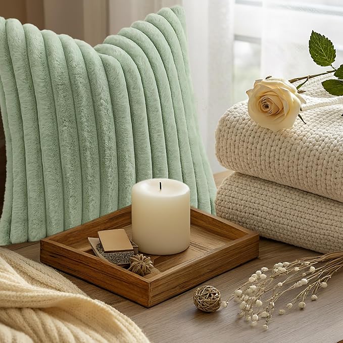 decorUhome Fall Faux Fur Throw Pillow Covers 12x20 Set of 2 Sage Green | - Image 9