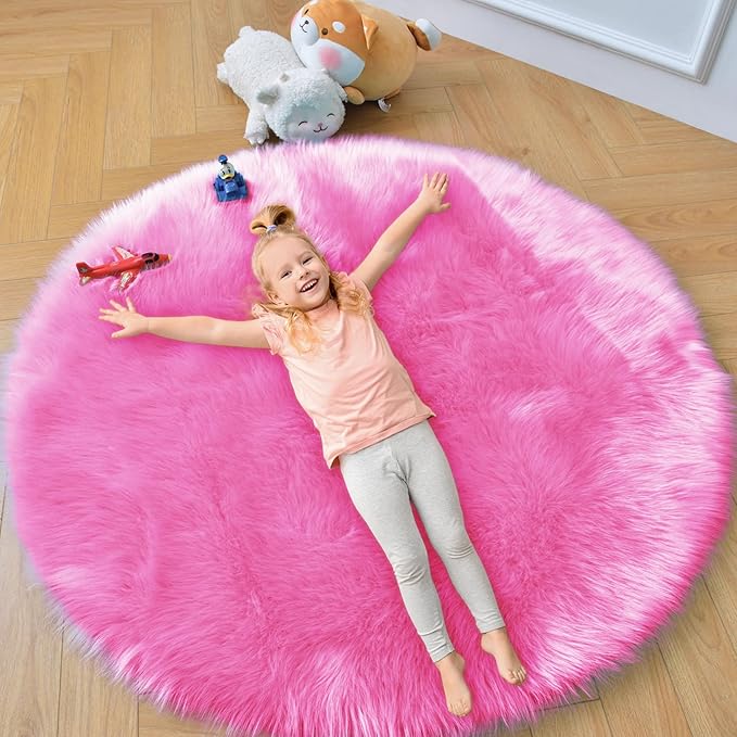 duduta Hot Pink Faux Fur Sheepskin Round Rug 4x4 ft, Fluffy Shag Circle Rug | by duduta