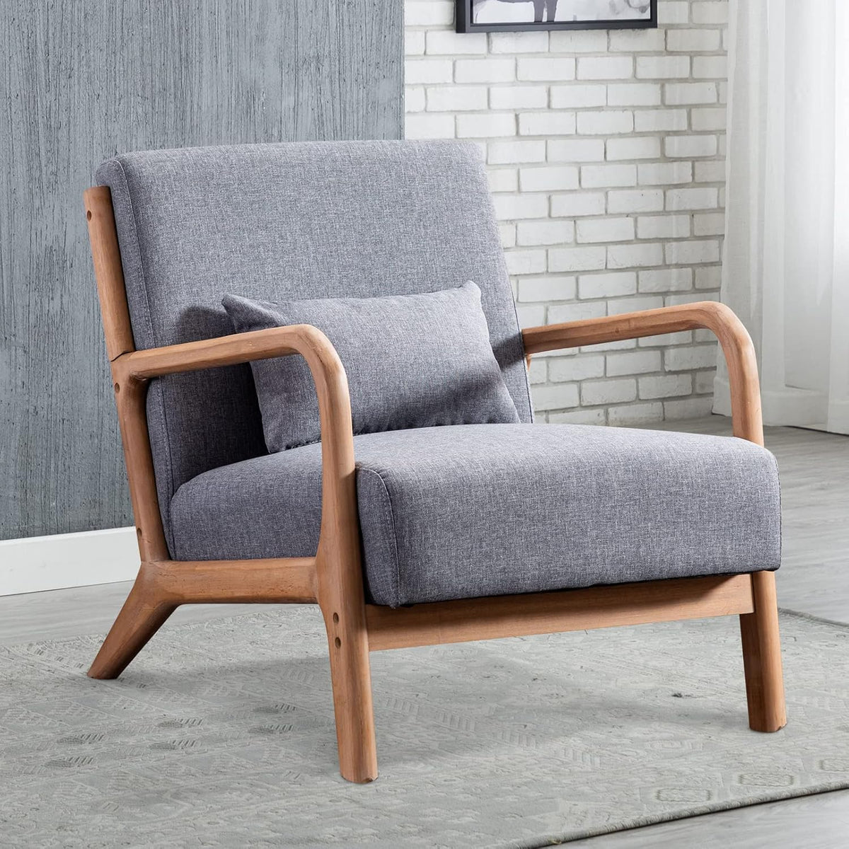 INZOY Mid Century Modern Accent Chair with Wood Frame, Upholstered Living Room Chairs with Waist Cushion, Reading Armchair for Bedroom Sunroom (Dark Grey)