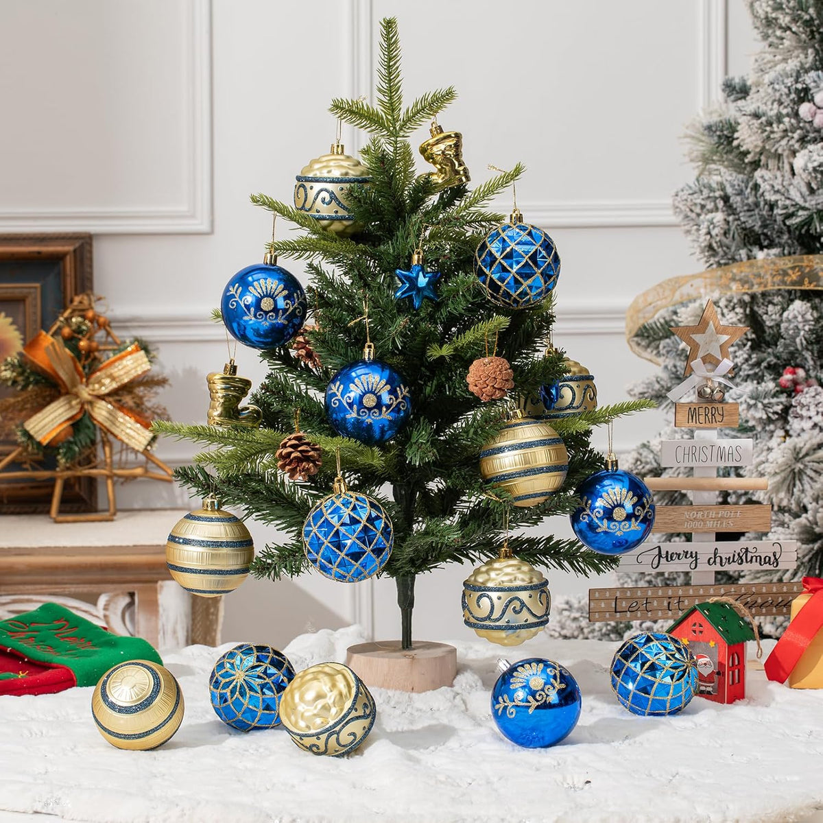 150Pcs Christmas Ball Ornaments Set, Assorted Bauble Ornaments for Xmas Tree, Shatterproof Plastic Hanging Decor for Home/Indoor/Outdoor/Festival/Party (Blue & Gold)