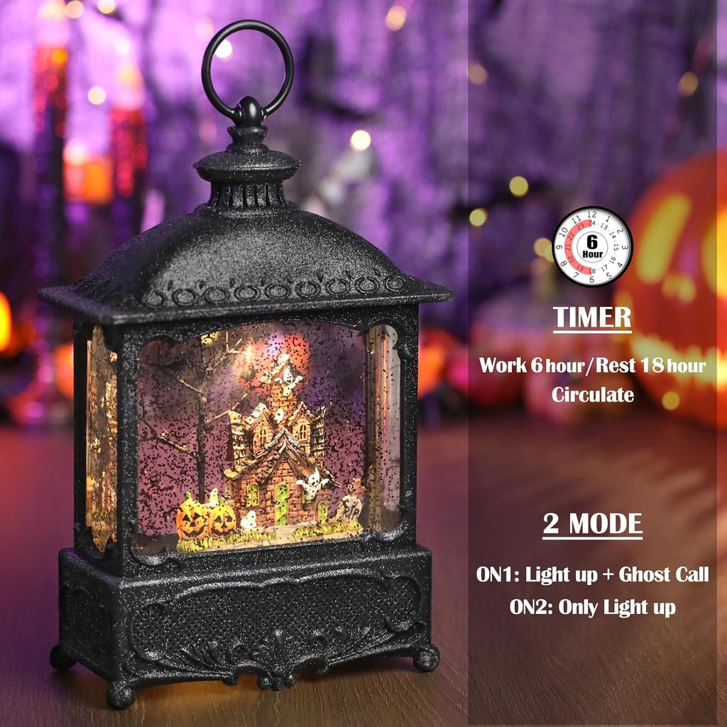 Halloween Snow Globe Lantern Haunted House Pumpkin Ghost Tree Crow Rip Dancing Bats with Timer, USB and Battery Powered 12 inch