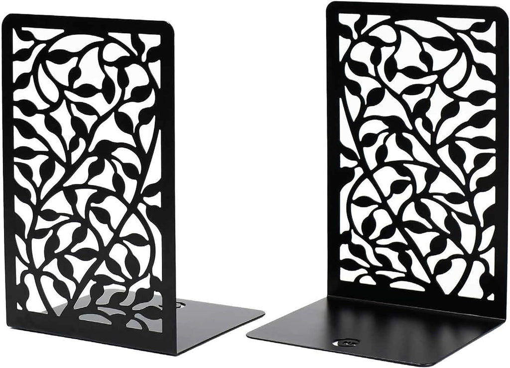 CNK Book Ends for Shelves - Metal Holders for Home Office Heavy Books, Shelf Stoppers, Decorative Set of 2 Black Infinite Leaves Bookends