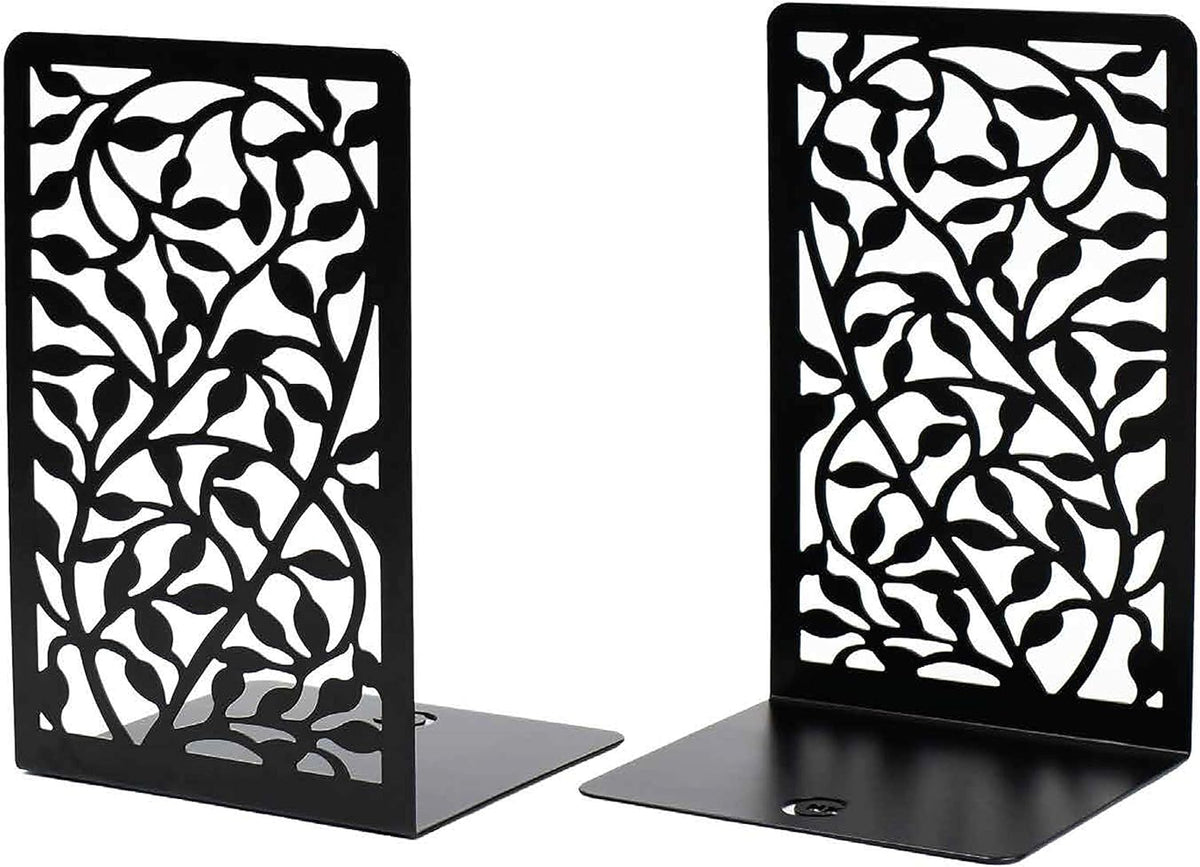 CNK Book Ends for Shelves - Metal Holders for Home Office Heavy Books, Shelf Stoppers, Decorative Set of 2 Black Infinite Leaves Bookends