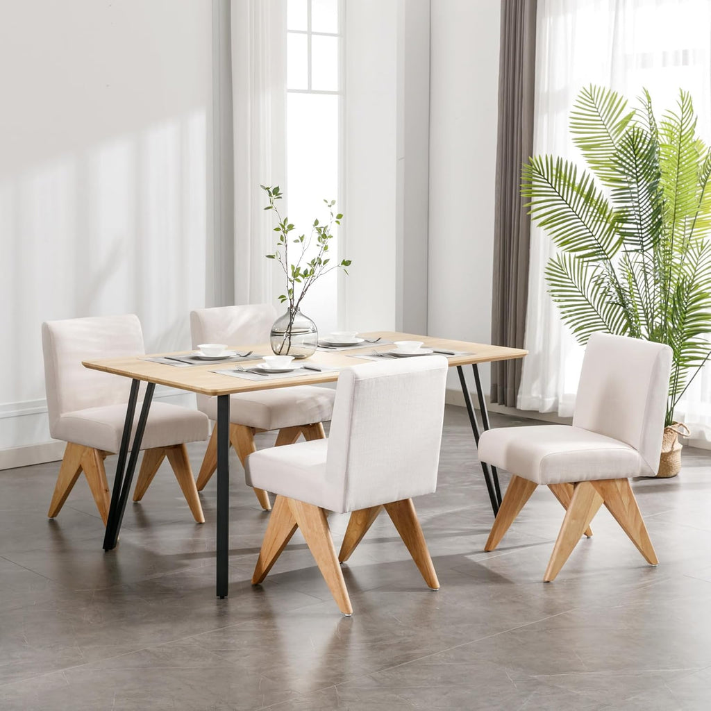 Mid Century Modern Farmhouse Dining Chairs Set of 4, Upholstered Armless Kitchen Chairs with Back and Wooden Legs, Linen Beige