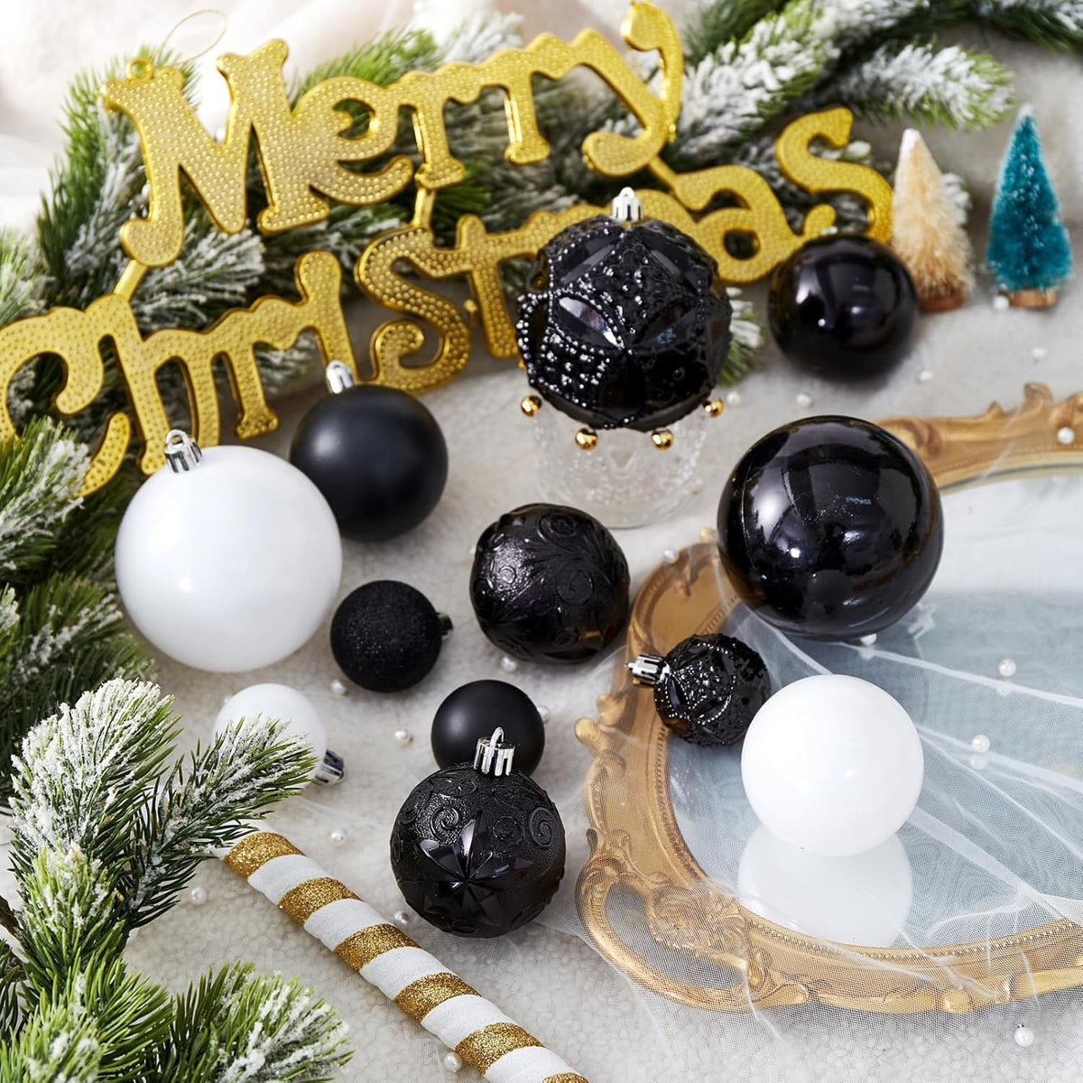 87-Pack Shatterproof Christmas Ball Ornaments Set, Christmas Tree Decorations with Hand-held Gift Package for Xmas Tree Holiday Wedding Party (Black and White)