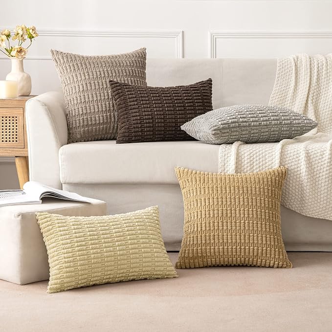 MIULEE Corduroy Decorative Throw Pillow Covers 20x20 Beige Pack of 2 | Soft - Image 3