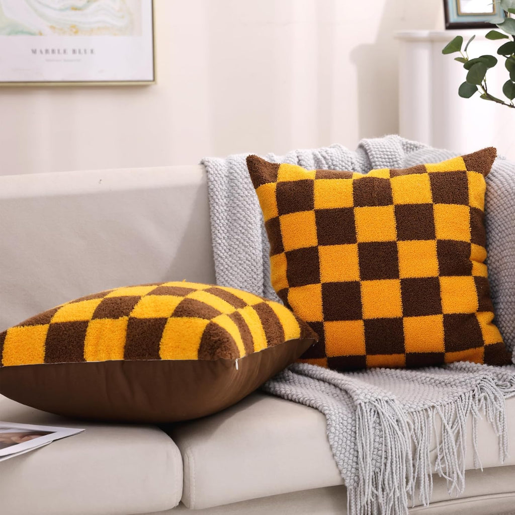 Alysheer Checkered Embroidered Decorative Throw Pillow Covers 18"x 18" Set of 2, Farmhouse Maillard Orange Brown Plaid Tufted Patterned Cotton Canvas Cushion Case for Sofa Couch Bed Living Room