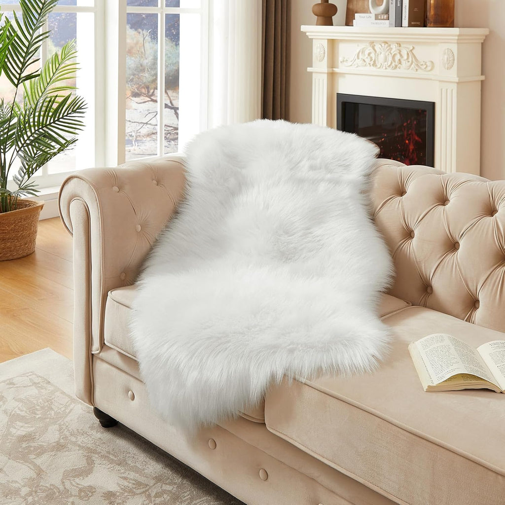 AMTOVO Faux Fur Rug, White Area Rug, Fluffy Sheepskin Rug, Fuzzy Ultra Soft 2 x 4 ft Shag Rugs for Bedroom Sofa Throw Cushion Room Decor, Sheepskin