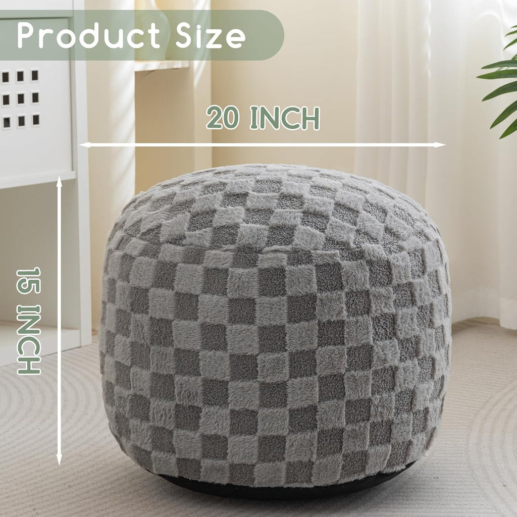HIGOGOGO Round Stuffed Pouf Ottoman, Plaid Poufs with Foam Chunk Filling, Fluffy and Furry Pouf Foot Stool Storage Ottoman, 20 X 15 Floor Poufs Foot Rest for Living Room, Grey