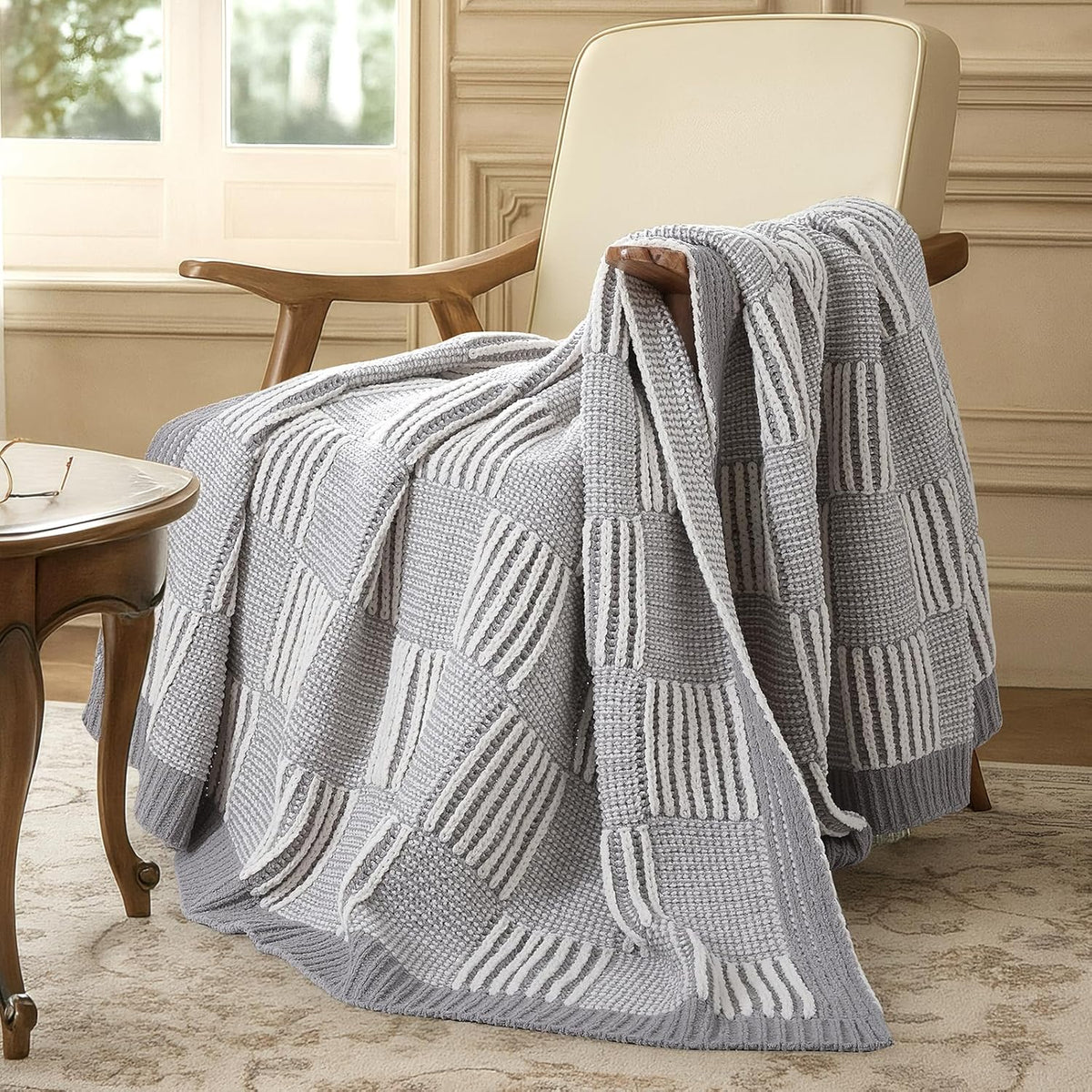 Amélie Home Chenille Knit Throw Blanket for Couch, Checkered Texture Decorative Soft Blanket for Sofa, Bed & Living Room, 50"x60", Grey & White