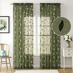 MIULEE Olive Green Sheer Curtains 2 Panels Leaf Patterned, W52 x L63 | - Image 2