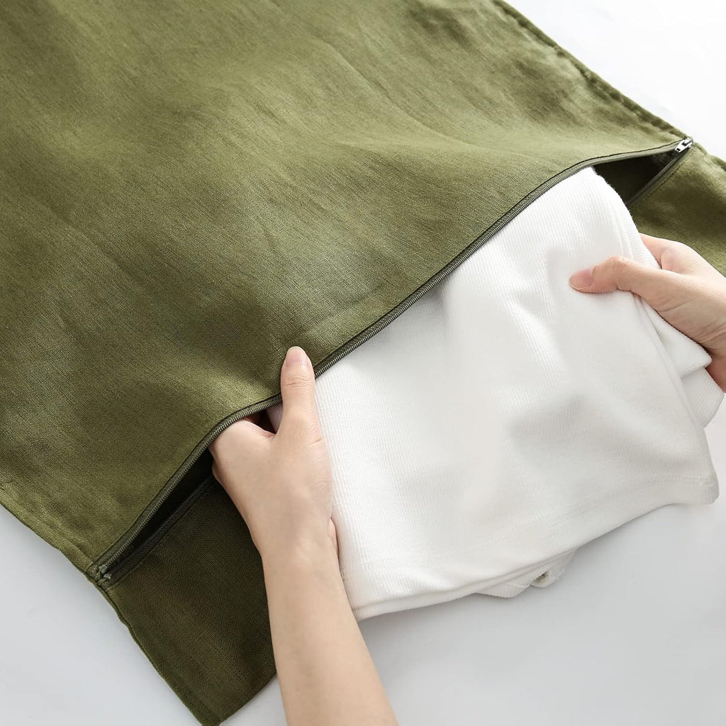 Linen Hanging Laundry Bag, 100% Linen Over The Door Laundry Hamper with Buttons and Zipper, Space Saving Door Hampers for Laundry Dirty Clothes Home Travel, Green