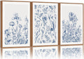 SIGNINART Classic Chinoiserie Botanical Framed Canvas Wall Art, Blue and White Floral Wall Decor, Minimalist Flower Artwork, Navy Blue Wildflower Art Painting for Bedroom Living Room Office 24"x36"x3