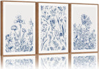 SIGNINART Classic Chinoiserie Botanical Framed Canvas Wall Art, Blue and White Floral Wall Decor, Minimalist Flower Artwork, Navy Blue Wildflower Art Painting for Bedroom Living Room Office 24"x36"x3