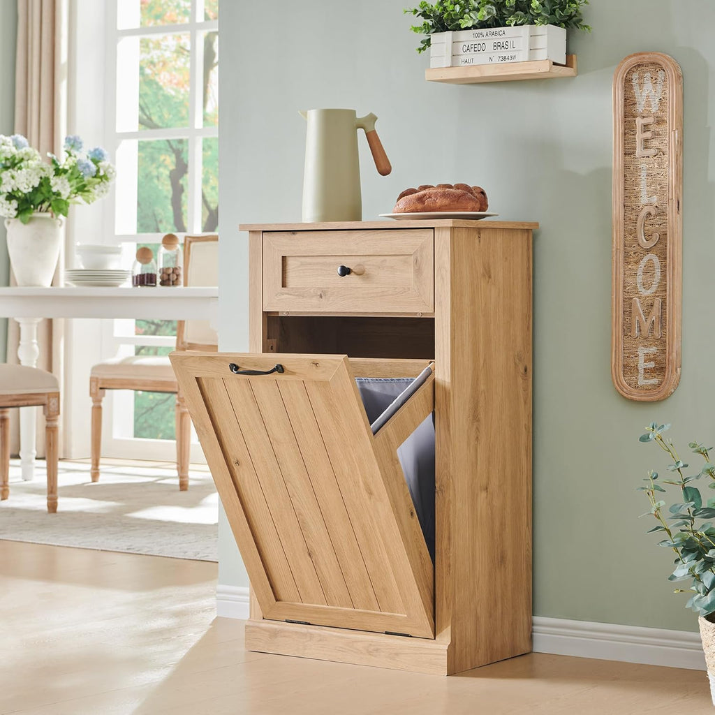 Tilt Out Laundry Hamper Cabinet, 10 Gallon Farmhouse Trash Can Cabinet with Drawer, Hidden Wood Garbage Can Bin Cabinets with Laundry Storage Basket for Bathroom, Kitchen, Natural