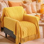 inhand Knitted Fall Throw Blanket for Couch and Bed, Knit Fall Decor Halloween Blanket with Tassel, Mustard Yellow Lightweight Decorative Farmhouse Warm Woven Blankets and Throws for Women, 60"x80"